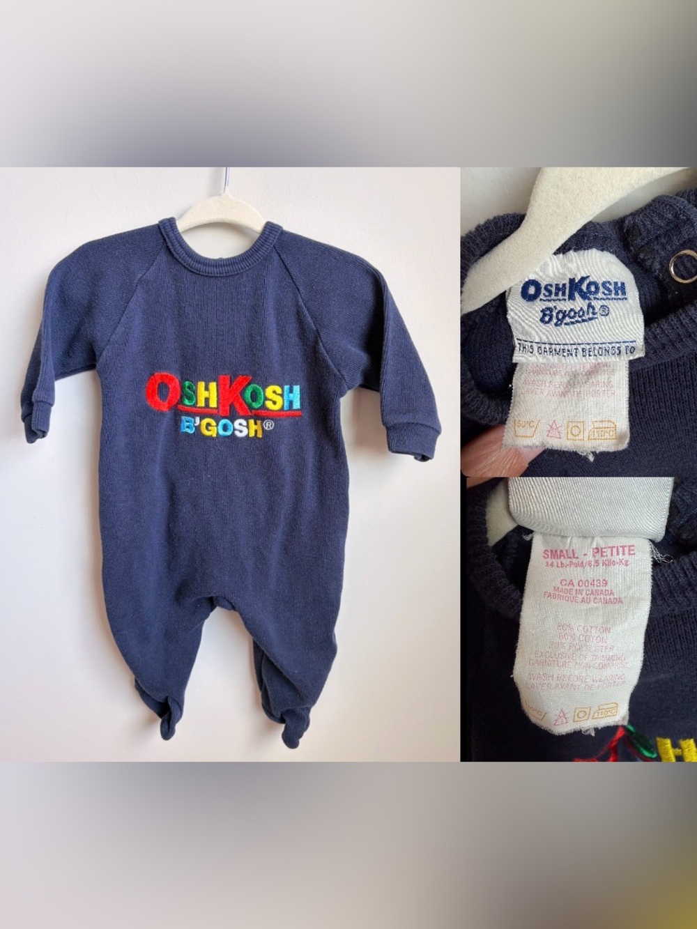 Vintage OshKosh B'gosh Navy Multicolor Embroidered Logo Footed One-Piece